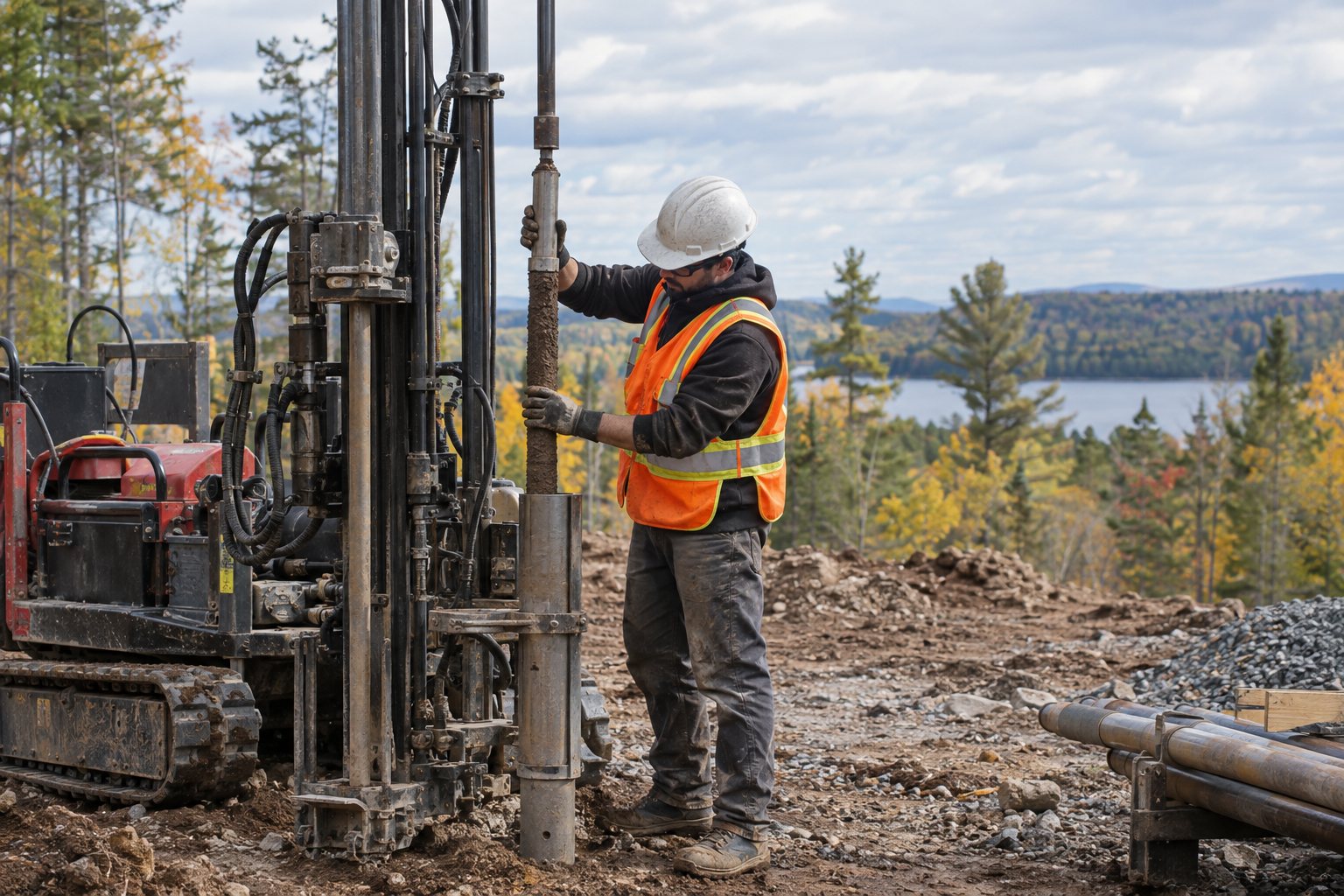 Foreuse sur chenilles réalisant une étude géotechnique sur un terrain boisé au Québec